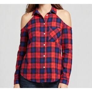 Seven Sisters Womens Cold Shoulder Blouse Large Red & Blue Plaid Long Sleeve Top